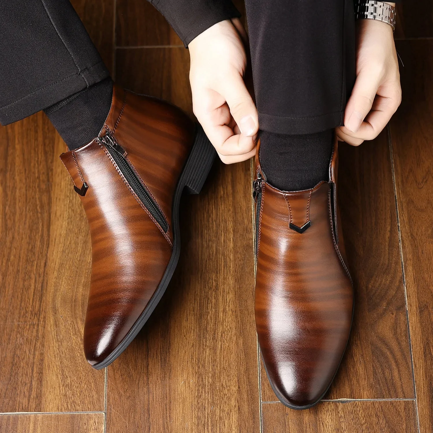 Anthony Classic Burnished Ankle Boots | Side-Zip Pointed Toe Shoes - Image 4