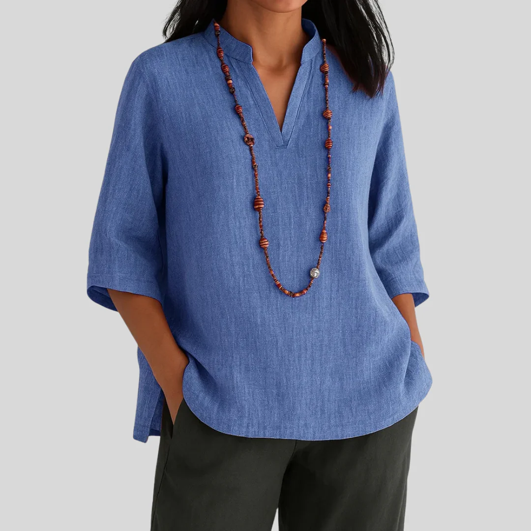 Alice Relaxed Fit Blouse | Notch V-Neck Elbow Sleeve Blouse - Image 2