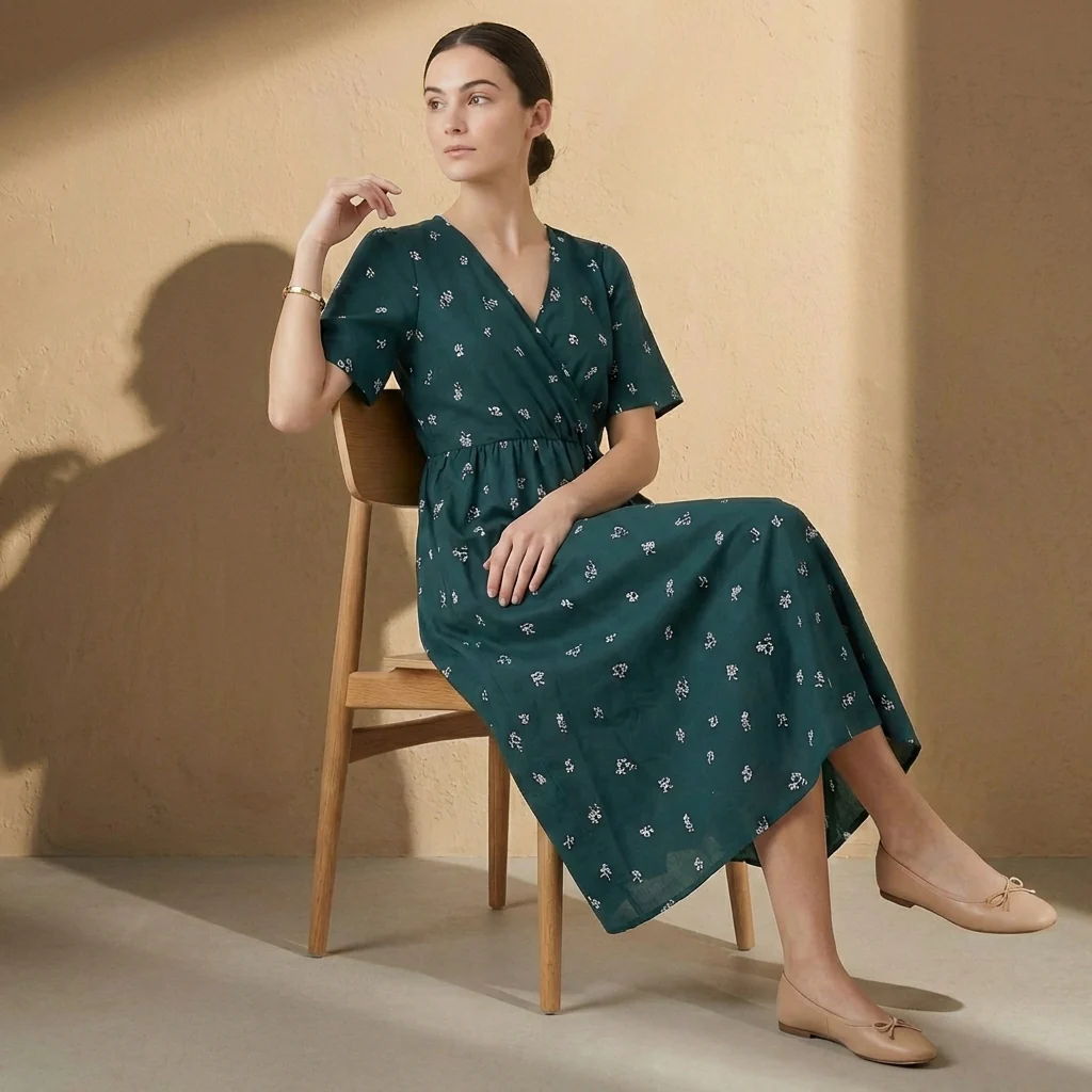 Amelia A-Line Dress | Wrap Front Tie-Back Midi Dress - Image 3