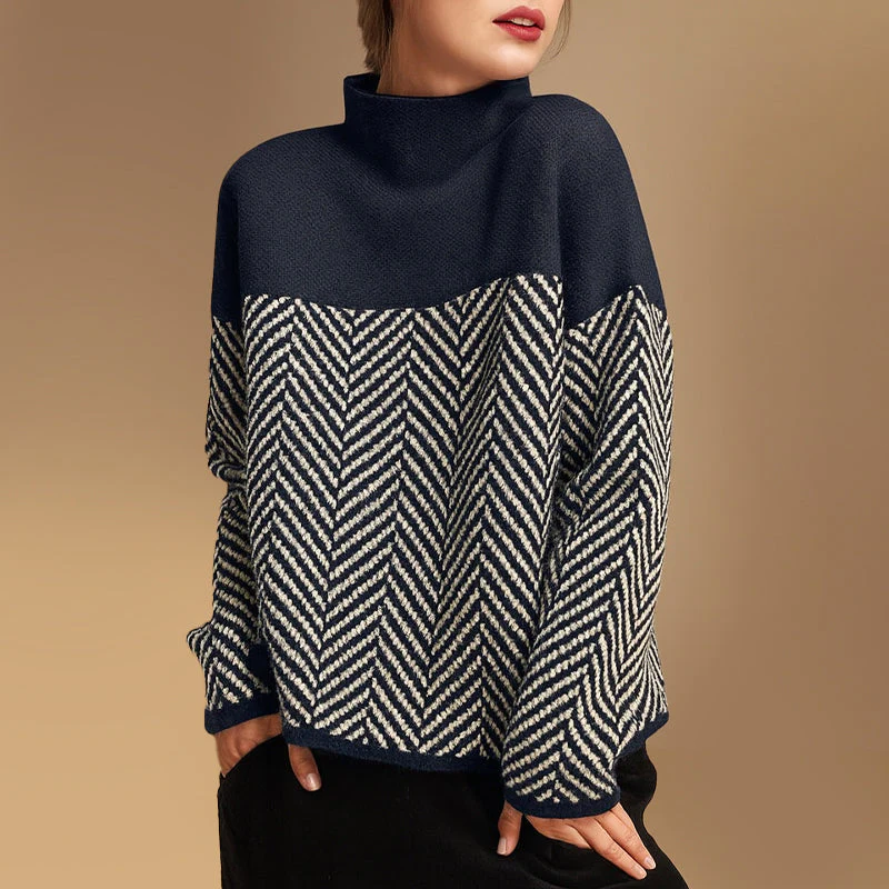 Amelia Chevron Pattern Relaxed Fit Turtleneck Sweater | Long Sleeve Hip-Length Sweater