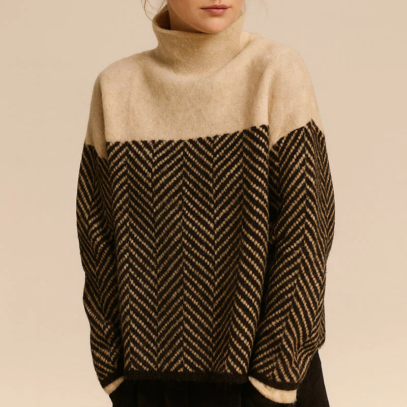 Amelia Chevron Pattern Relaxed Fit Turtleneck Sweater | Long Sleeve Hip-Length Sweater - Image 2