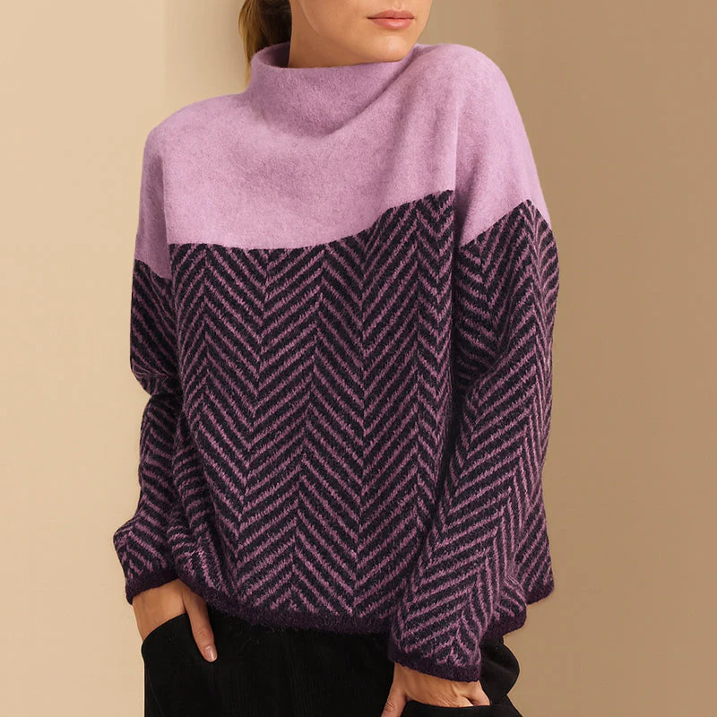 Amelia Chevron Pattern Relaxed Fit Turtleneck Sweater | Long Sleeve Hip-Length Sweater - Image 3