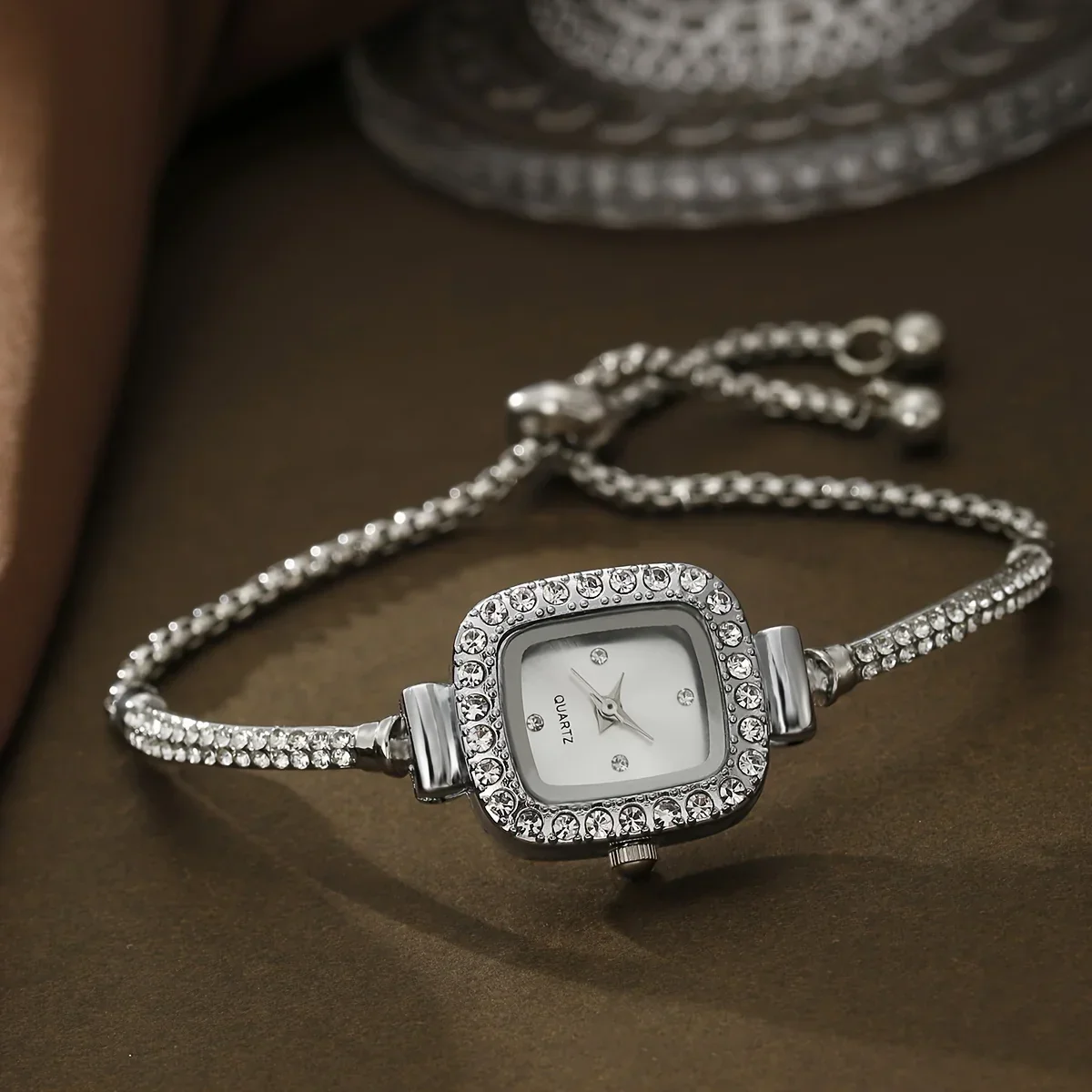 Amelia Crystal Embellished Square Face Wristwatch | Bracelet Style Wristwatch - Image 4