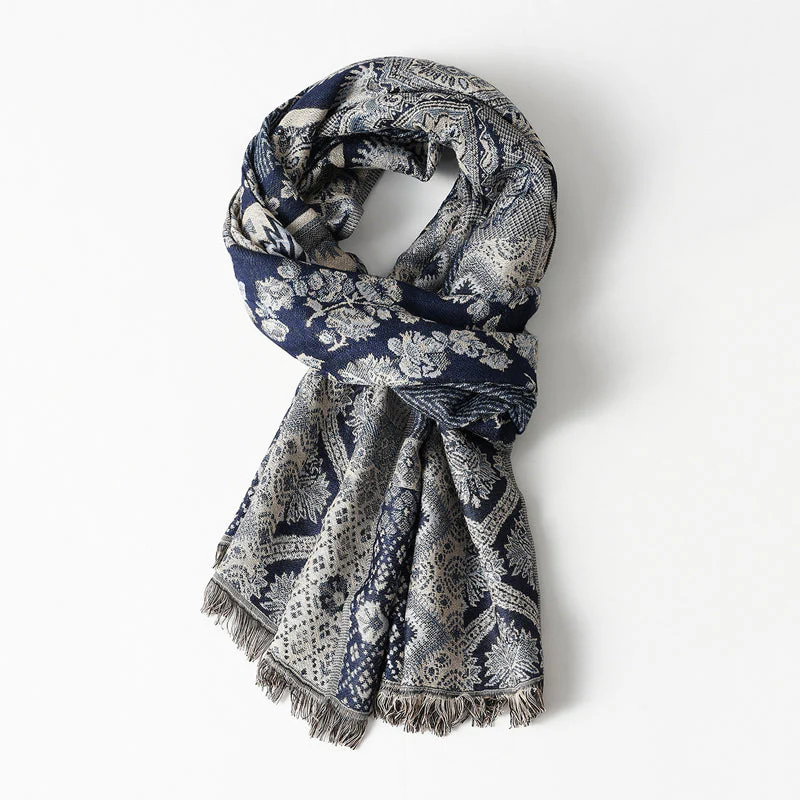 Amelia Draped Scarf | Jacquard Pattern Fringed Edges Scarf
