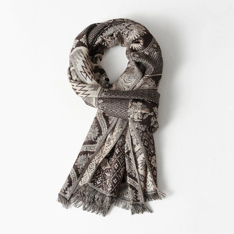 Amelia Draped Scarf | Jacquard Pattern Fringed Edges Scarf - Image 2