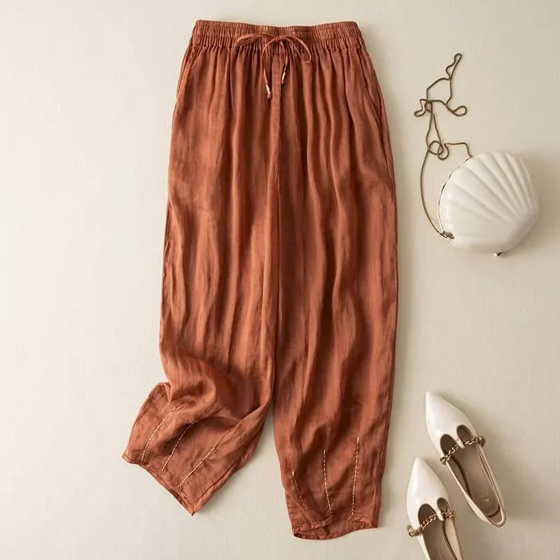 Amelia Relaxed Fit Pants | Drawstring Waist Embroidered Hem Pants