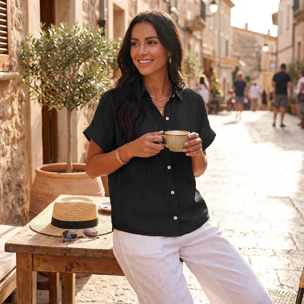 Amelia Relaxed Fit Button-Up Shirt | Collared Short Sleeve Shirt - Image 4