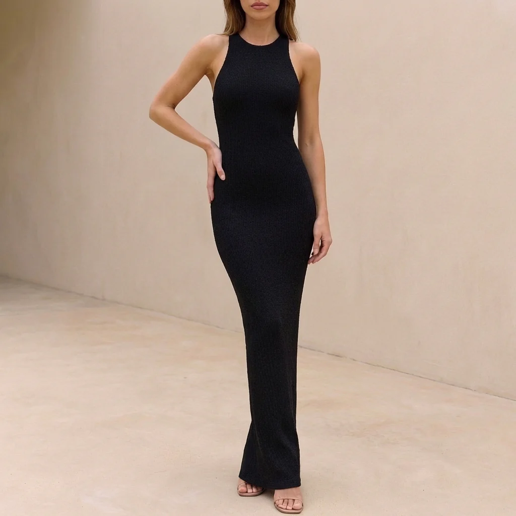 Amelia Ribbed Slim Fit Maxi Dress | Sleeveless Crewneck Dress - Image 6
