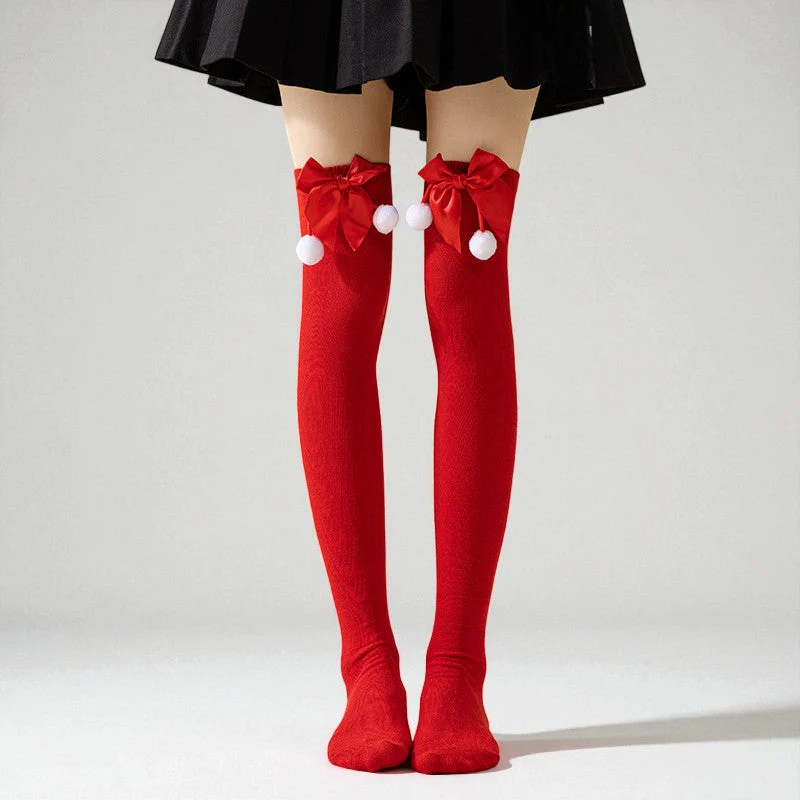 Amelia Skinny Over-The-Knee Socks | Bow Pom-Pom Over-The-Knee Socks