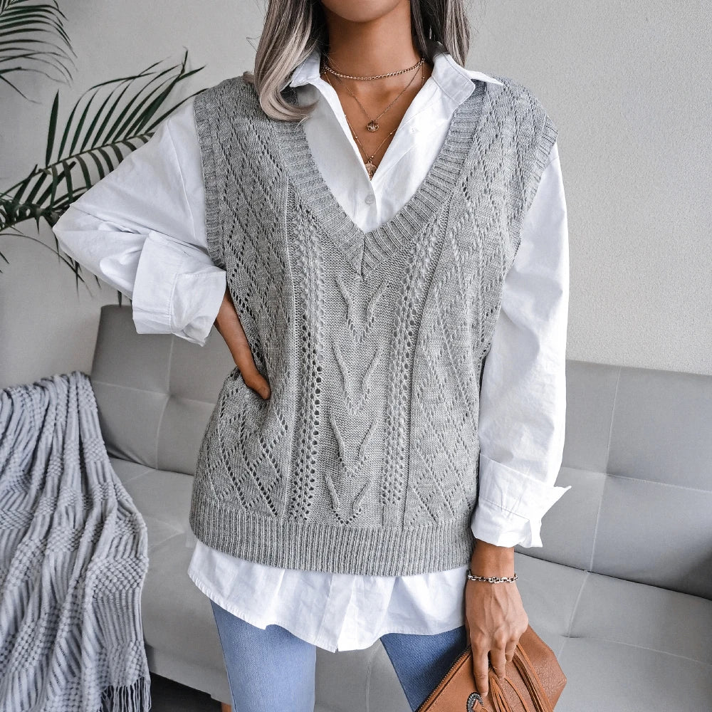 Amelia Textured Knit Cable Knit Sweater Vest | Relaxed Fit V-Neck Sleeveless Sweater Vest - Image 10