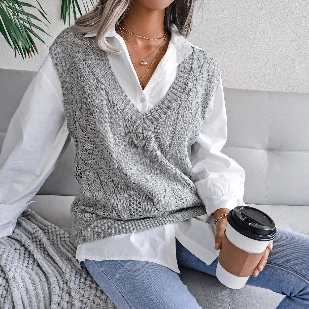 Amelia Textured Knit Cable Knit Sweater Vest | Relaxed Fit V-Neck Sleeveless Sweater Vest - Image 11