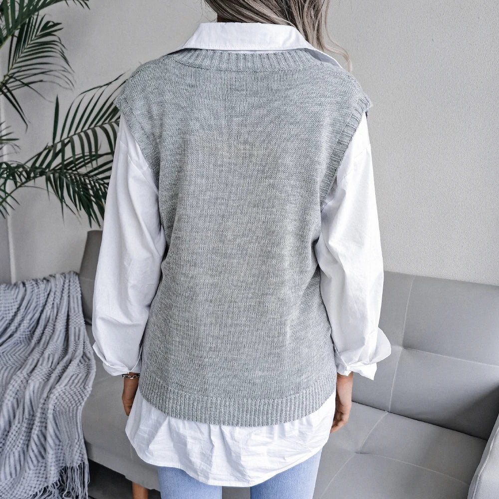 Amelia Textured Knit Cable Knit Sweater Vest | Relaxed Fit V-Neck Sleeveless Sweater Vest - Image 12