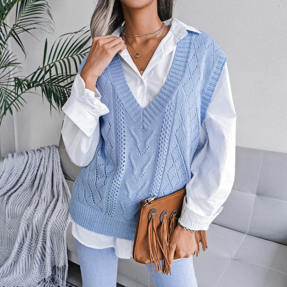 Amelia Textured Knit Cable Knit Sweater Vest | Relaxed Fit V-Neck Sleeveless Sweater Vest - Image 13