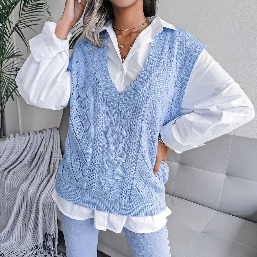 Amelia Textured Knit Cable Knit Sweater Vest | Relaxed Fit V-Neck Sleeveless Sweater Vest - Image 14