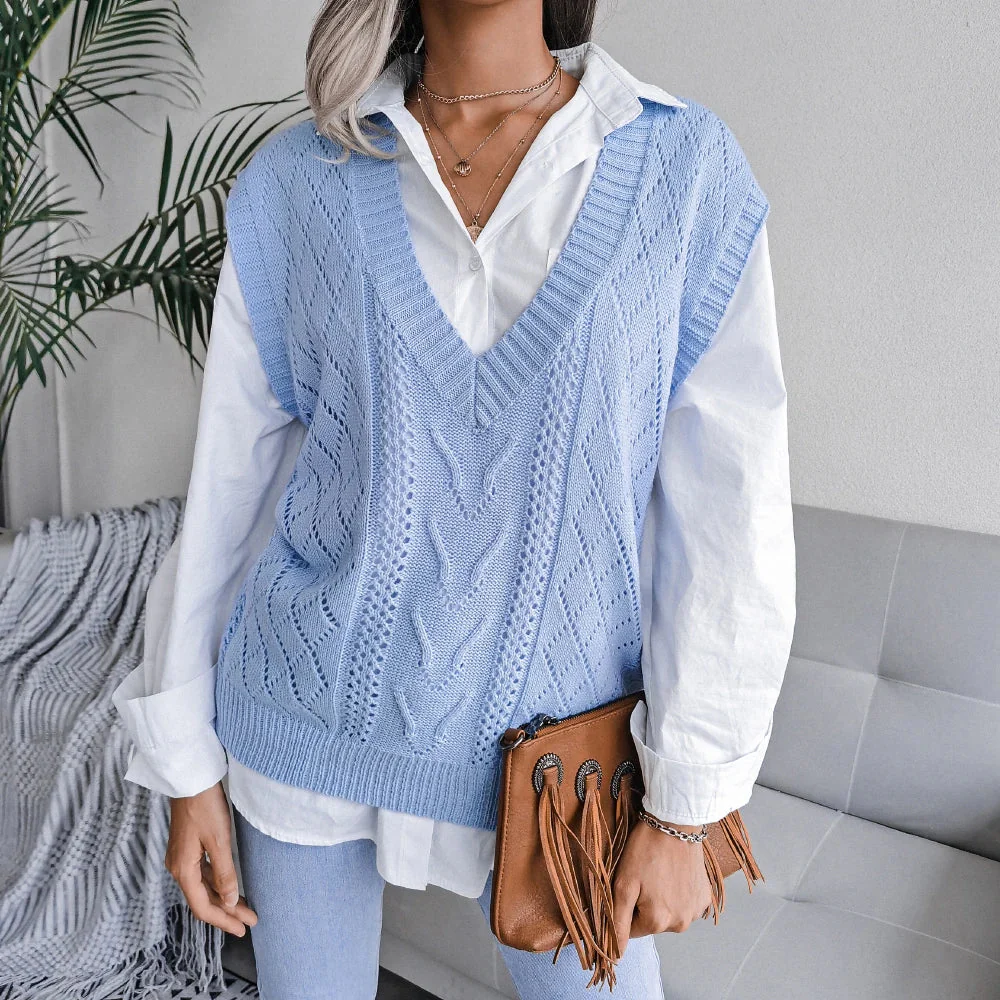 Amelia Textured Knit Cable Knit Sweater Vest | Relaxed Fit V-Neck Sleeveless Sweater Vest - Image 15