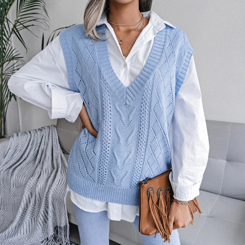 Amelia Textured Knit Cable Knit Sweater Vest | Relaxed Fit V-Neck Sleeveless Sweater Vest - Image 16