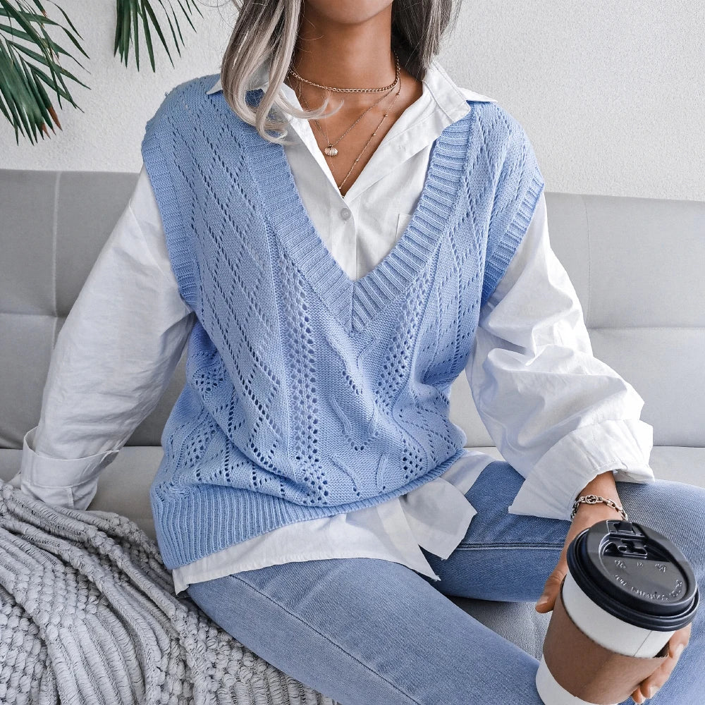 Amelia Textured Knit Cable Knit Sweater Vest | Relaxed Fit V-Neck Sleeveless Sweater Vest - Image 17