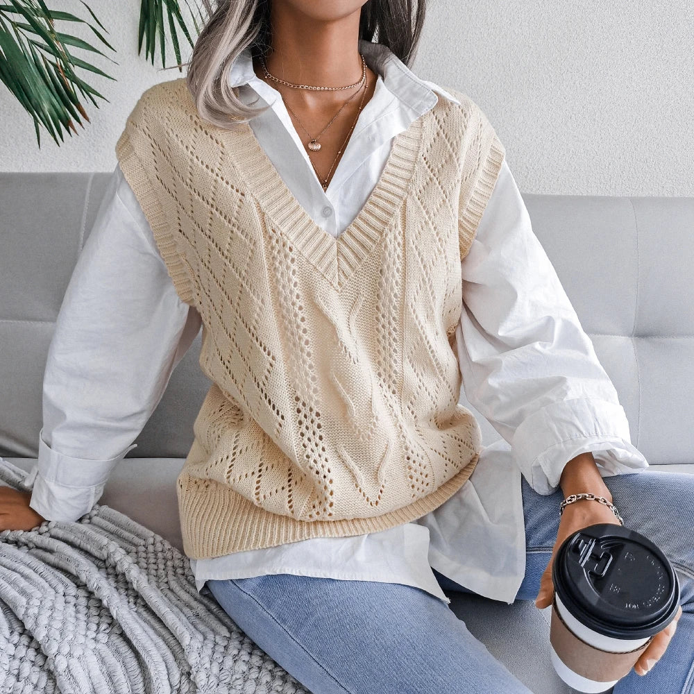 Amelia Textured Knit Cable Knit Sweater Vest | Relaxed Fit V-Neck Sleeveless Sweater Vest - Image 5
