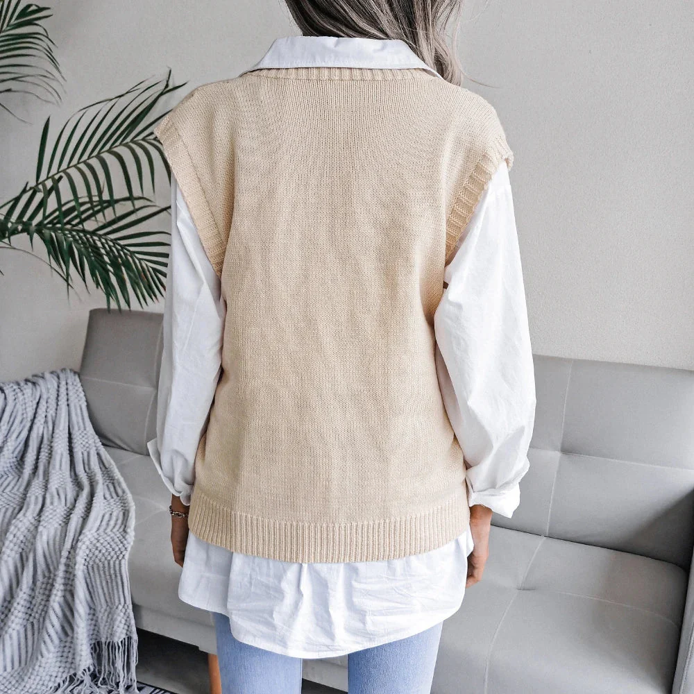Amelia Textured Knit Cable Knit Sweater Vest | Relaxed Fit V-Neck Sleeveless Sweater Vest - Image 6