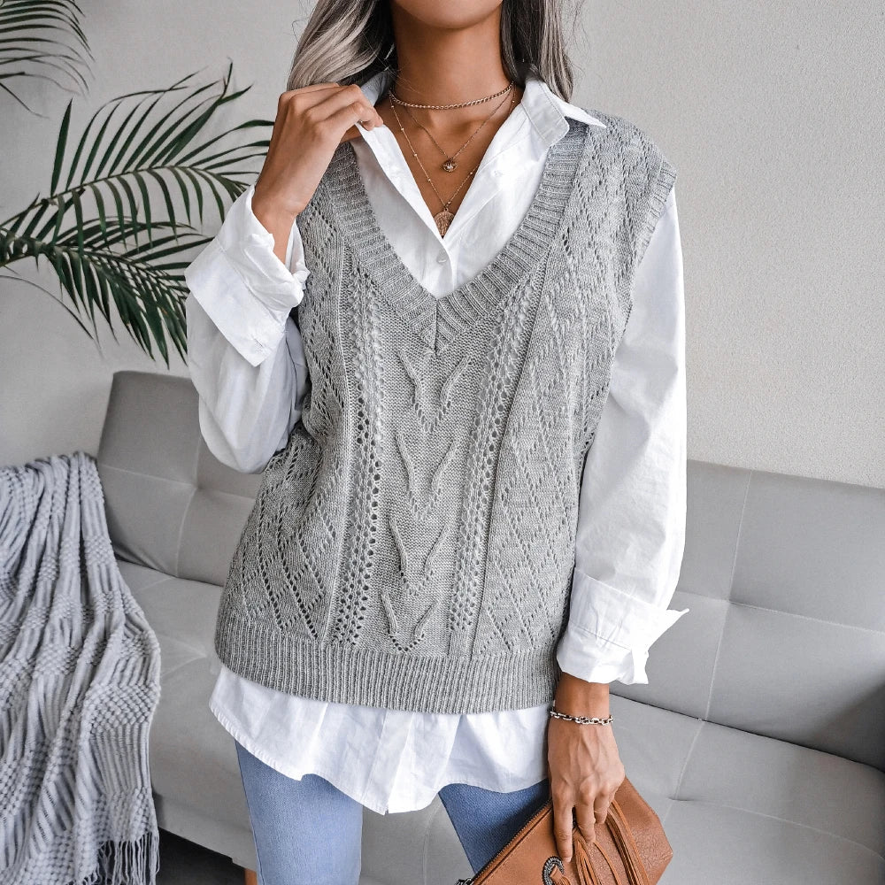 Amelia Textured Knit Cable Knit Sweater Vest | Relaxed Fit V-Neck Sleeveless Sweater Vest - Image 7