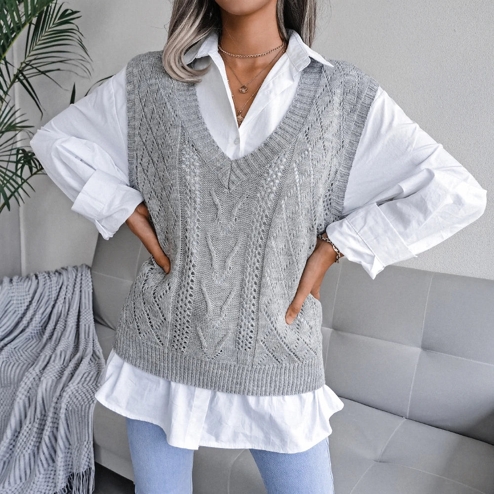 Amelia Textured Knit Cable Knit Sweater Vest | Relaxed Fit V-Neck Sleeveless Sweater Vest - Image 8