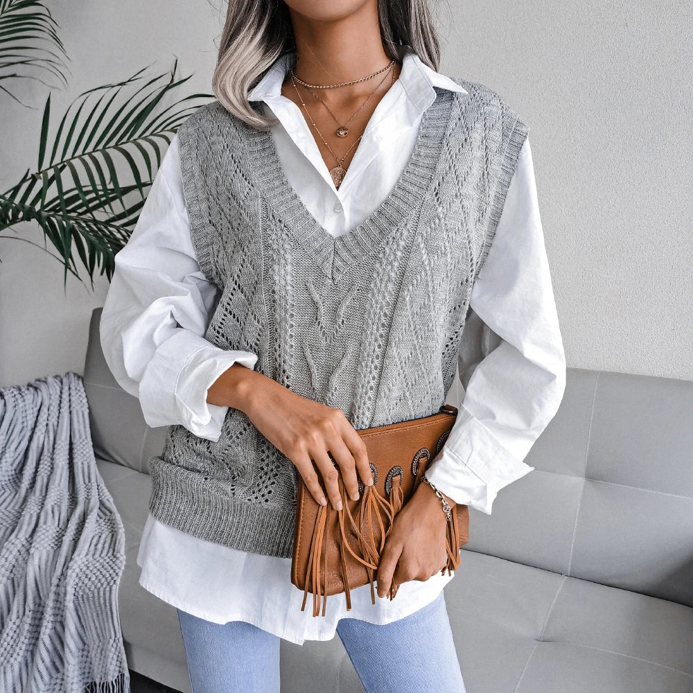 Amelia Textured Knit Cable Knit Sweater Vest | Relaxed Fit V-Neck Sleeveless Sweater Vest - Image 9