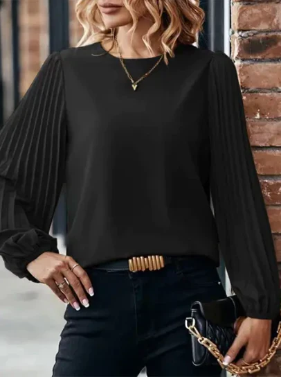 April Blouse | Pleated Lantern Sleeve Round Neck Top - Image 3