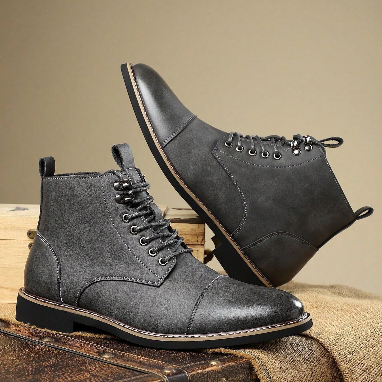 Arthur Cap-Toe Ankle Boots | Lace-Up Solid Regular Fit Boots - Image 2