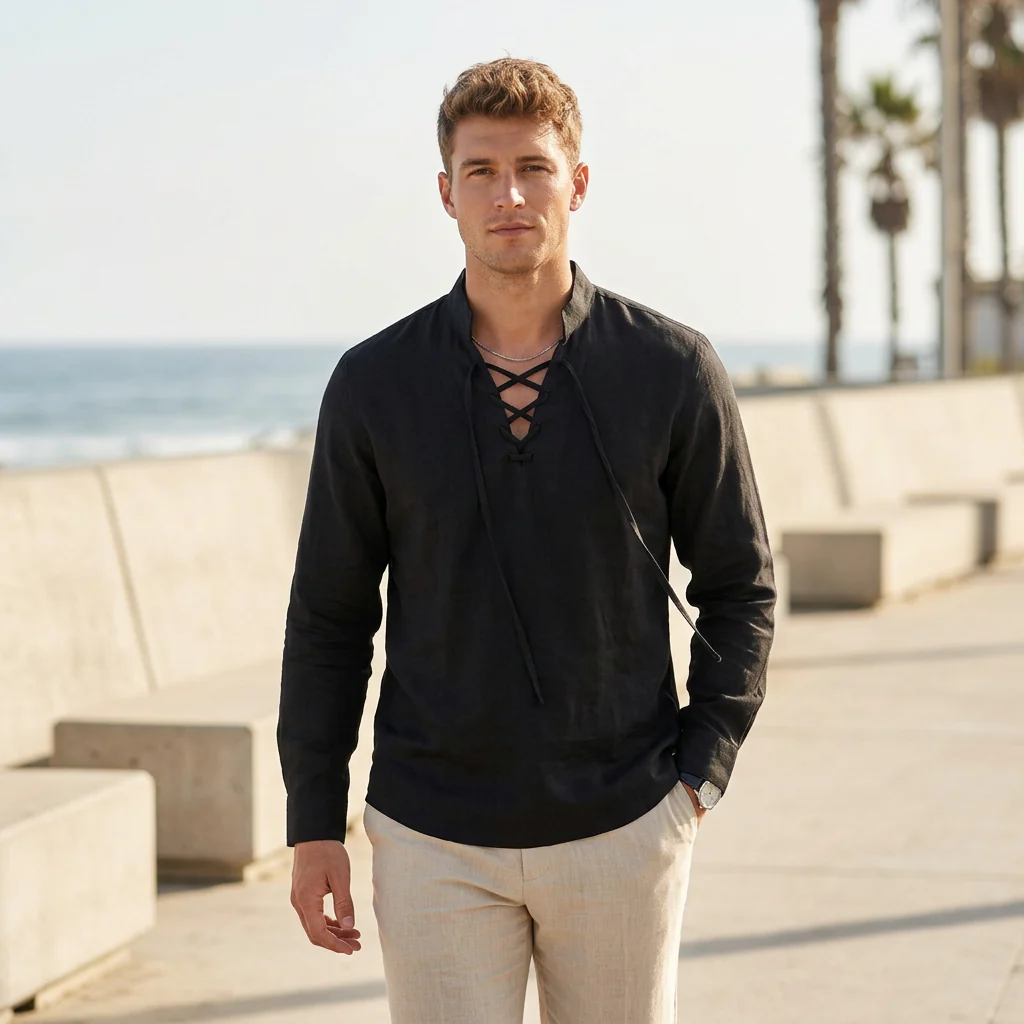 Arthur Relaxed Fit Shirt | Band Collar Lace-Up Neckline Shirt - Image 2