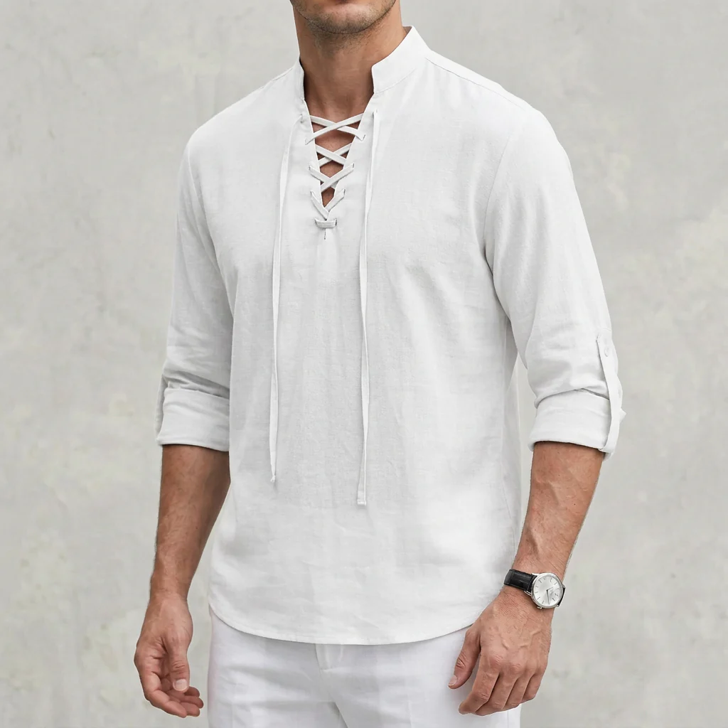 Arthur Relaxed Fit Shirt | Band Collar Lace-Up Neckline Shirt - Image 3