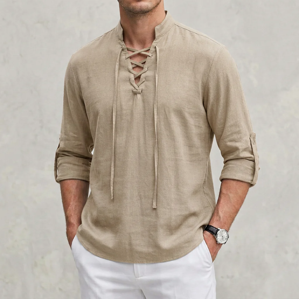 Arthur Relaxed Fit Shirt | Band Collar Lace-Up Neckline Shirt - Image 4