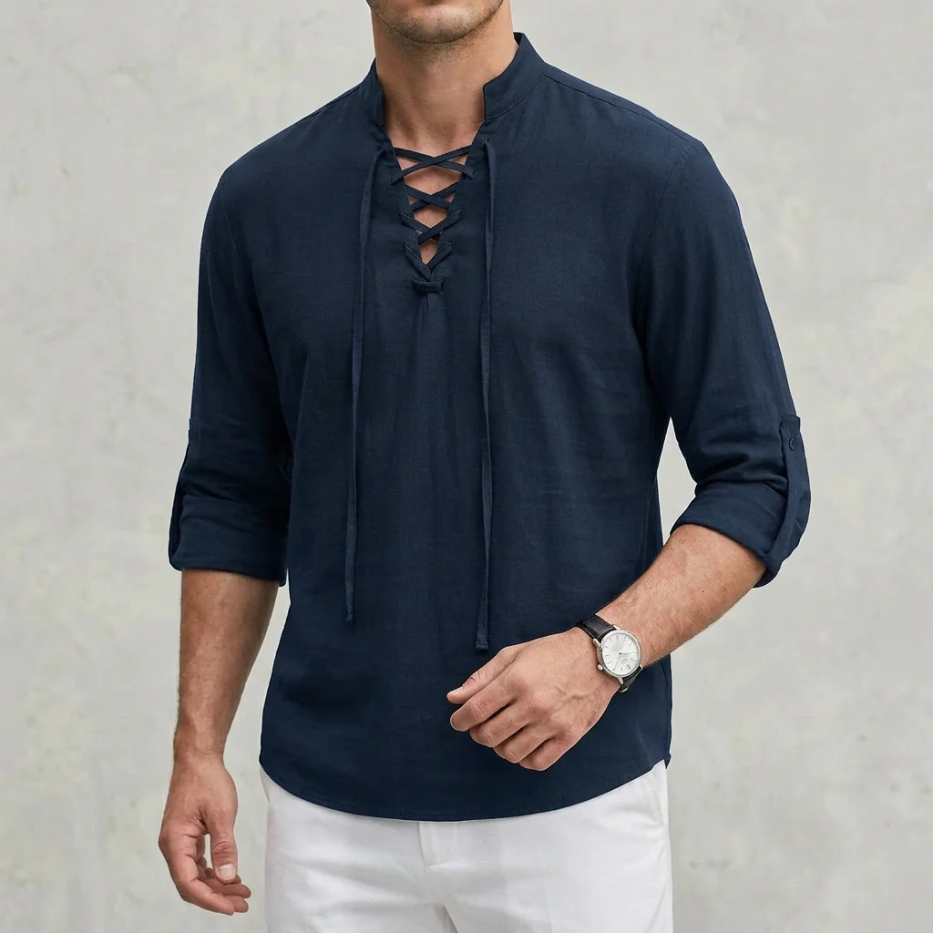 Arthur Relaxed Fit Shirt | Band Collar Lace-Up Neckline Shirt - Image 5