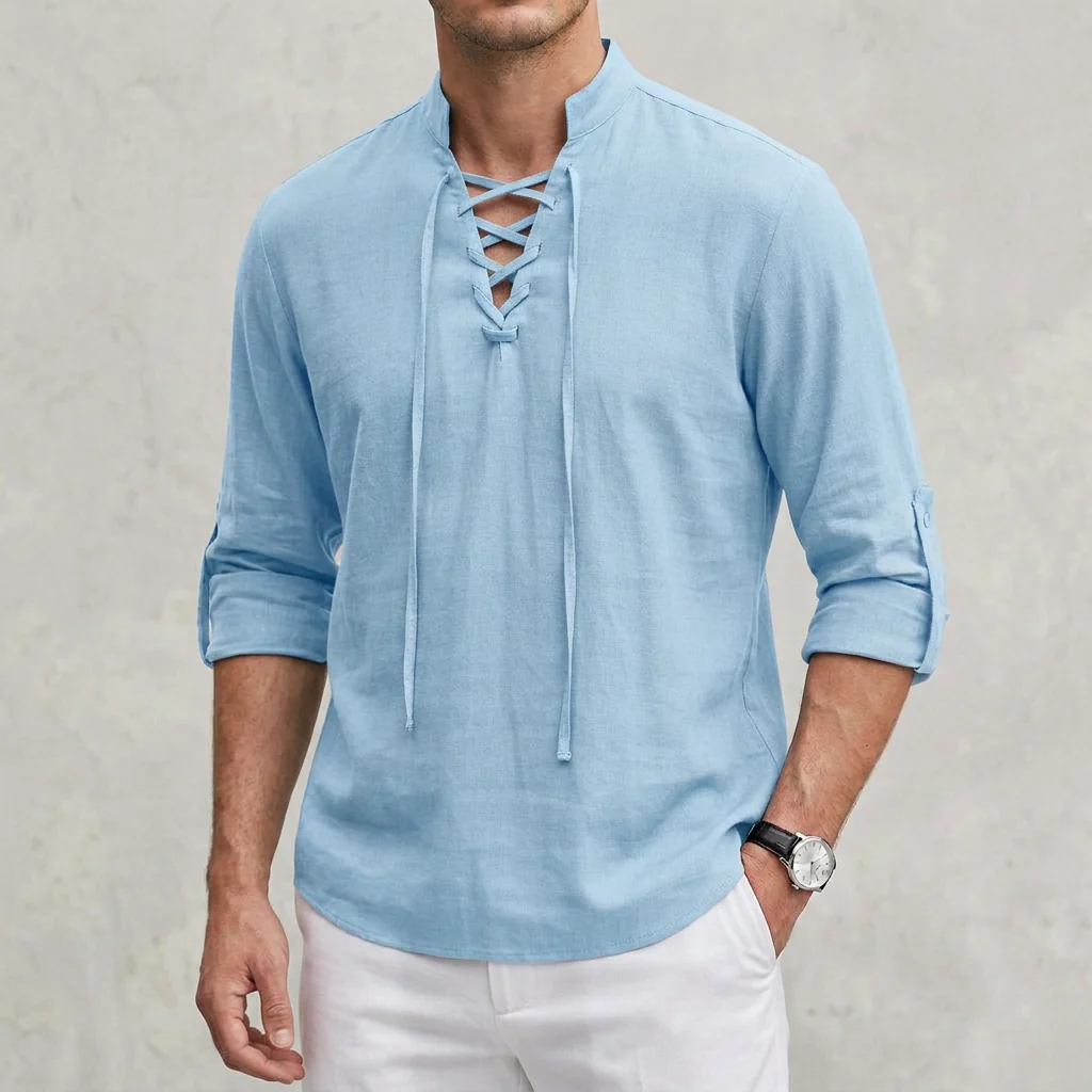 Arthur Relaxed Fit Shirt | Band Collar Lace-Up Neckline Shirt - Image 6