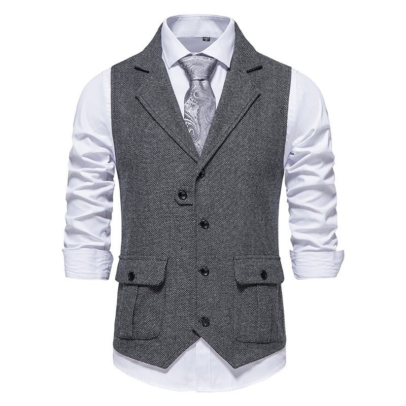 Arthur Tailored Vest | Herringbone Pattern Collared Vest - Image 4