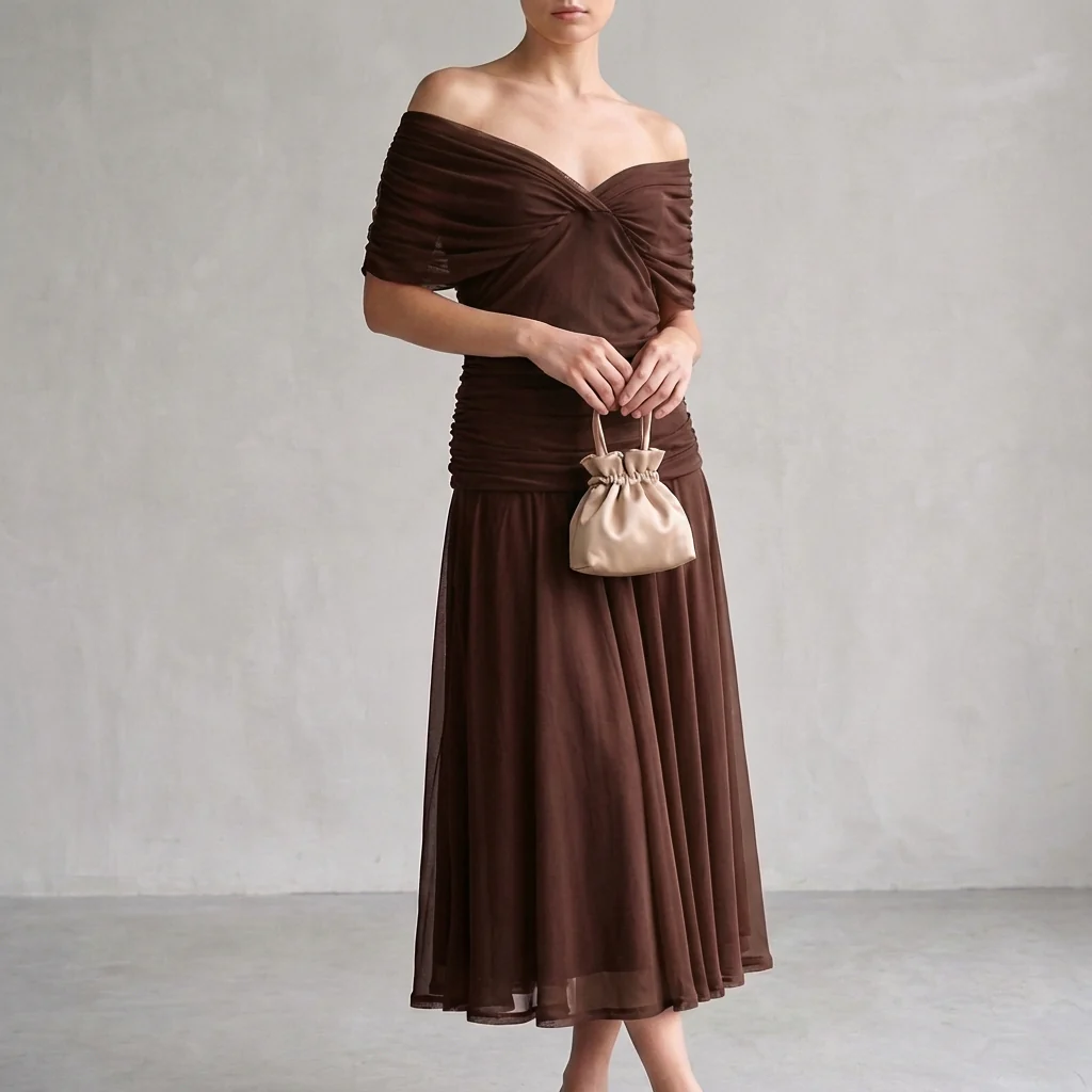 Aurora A-Line Midi Dress | Off-Shoulder Ruched Midi Dress