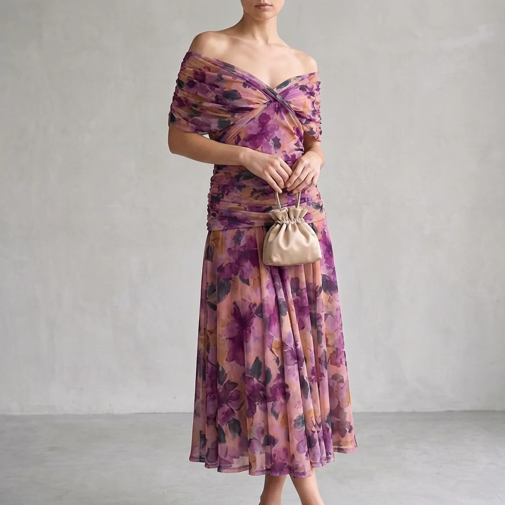 Aurora A-Line Midi Dress | Off-Shoulder Ruched Midi Dress - Image 4