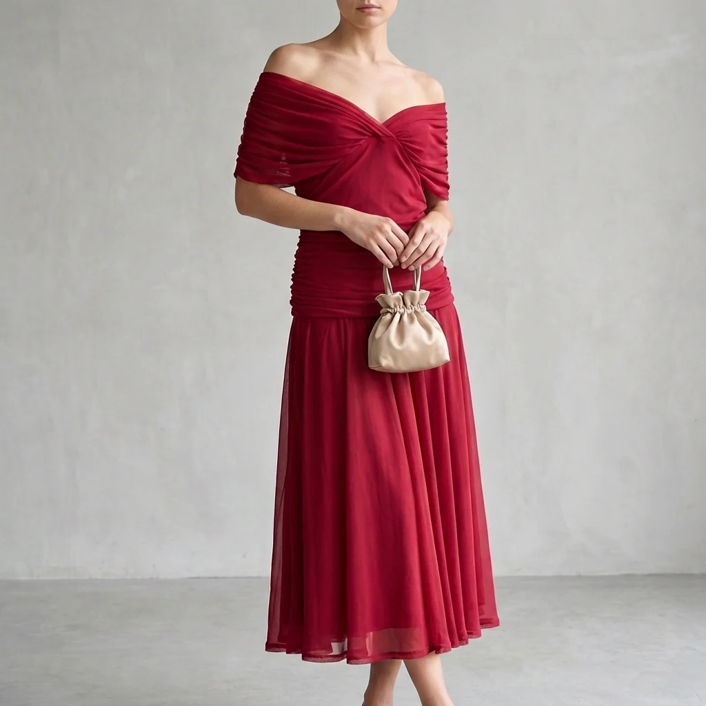 Aurora A-Line Midi Dress | Off-Shoulder Ruched Midi Dress - Image 6
