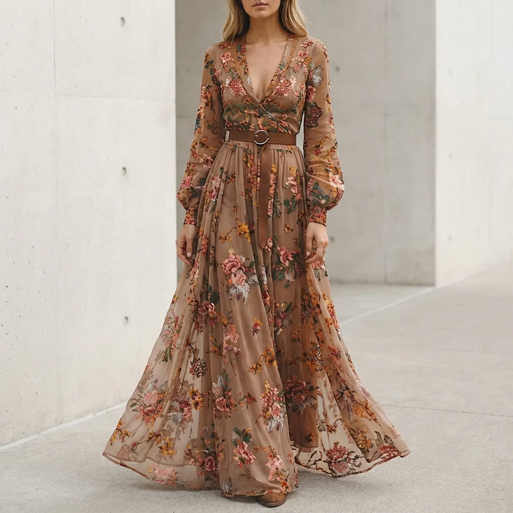 Aurora Embroidered Belted Maxi Dress | Ruffled Collared V-Neck Dress