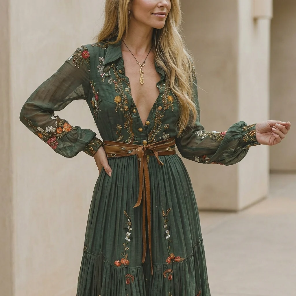 Aurora Embroidered Belted Maxi Dress | Ruffled Collared V-Neck Dress - Image 2