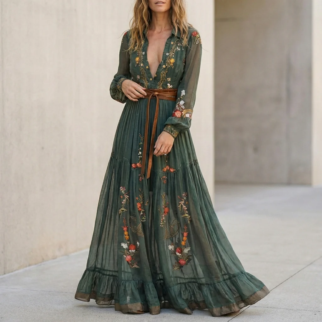Aurora Embroidered Belted Maxi Dress | Ruffled Collared V-Neck Dress - Image 3