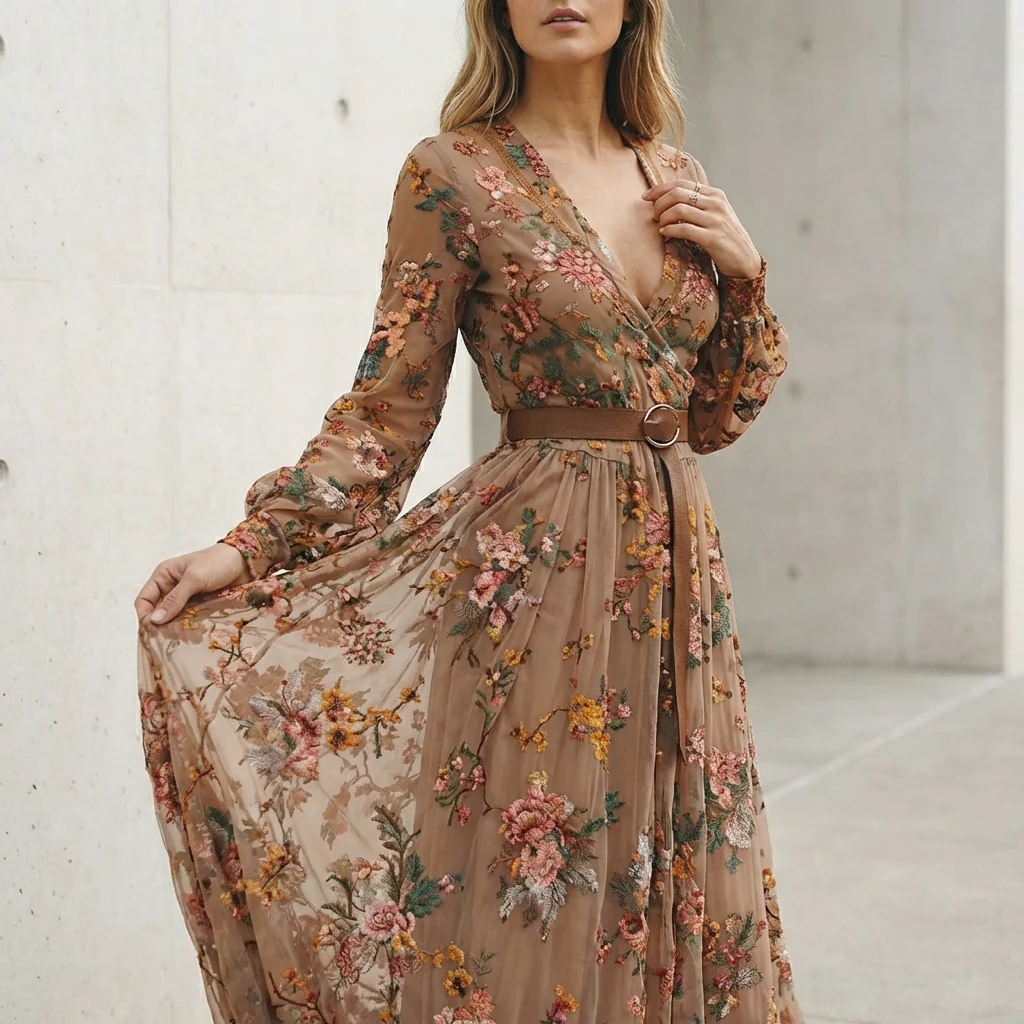 Aurora Embroidered Belted Maxi Dress | Ruffled Collared V-Neck Dress - Image 5