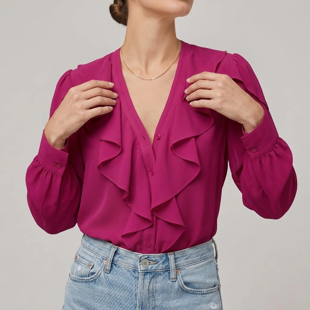 Beatrice Ruffled V-Neck Blouse | Relaxed Fit Long Sleeve Blouse - Image 3