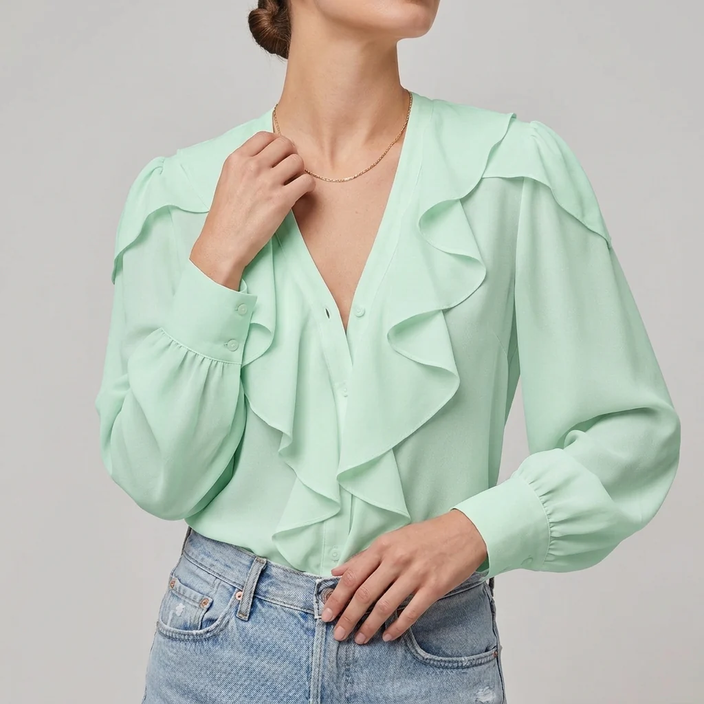 Beatrice Ruffled V-Neck Blouse | Relaxed Fit Long Sleeve Blouse - Image 4