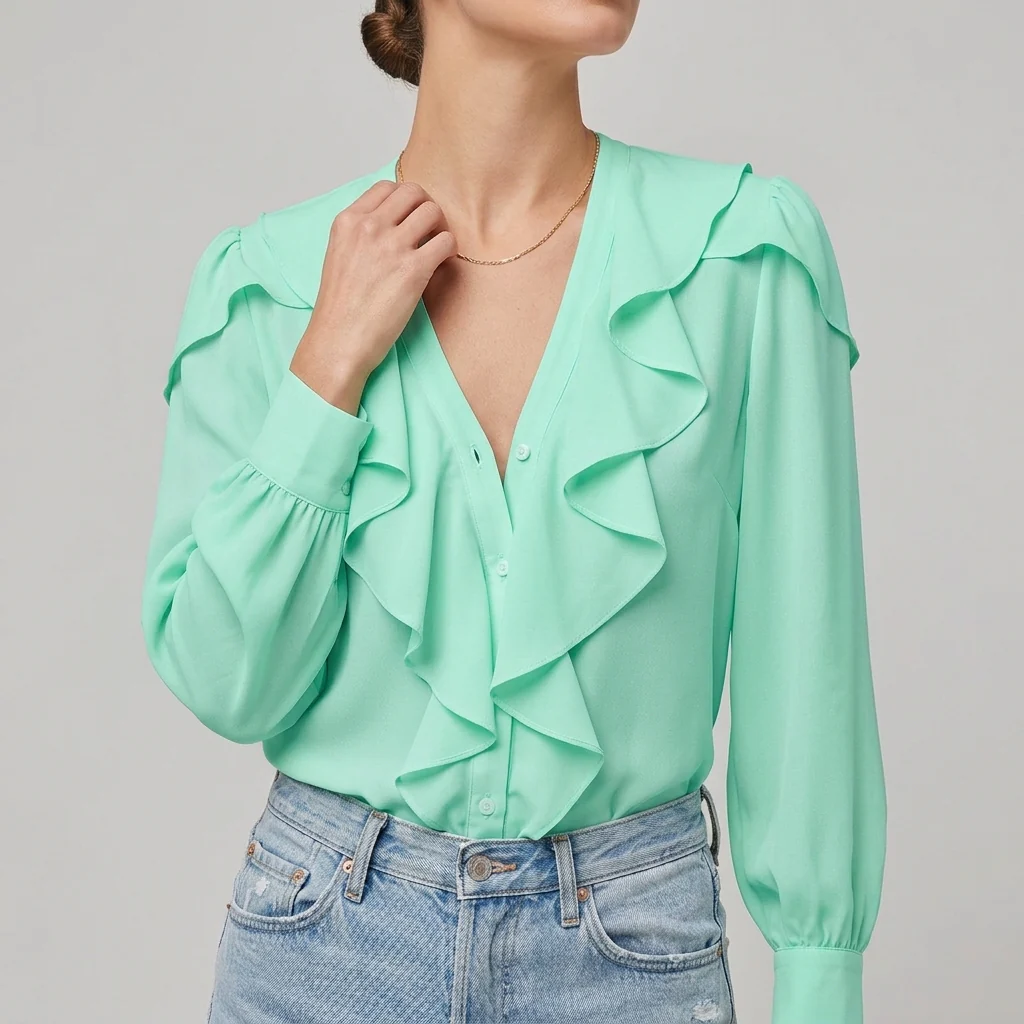 Beatrice Ruffled V-Neck Blouse | Relaxed Fit Long Sleeve Blouse - Image 5