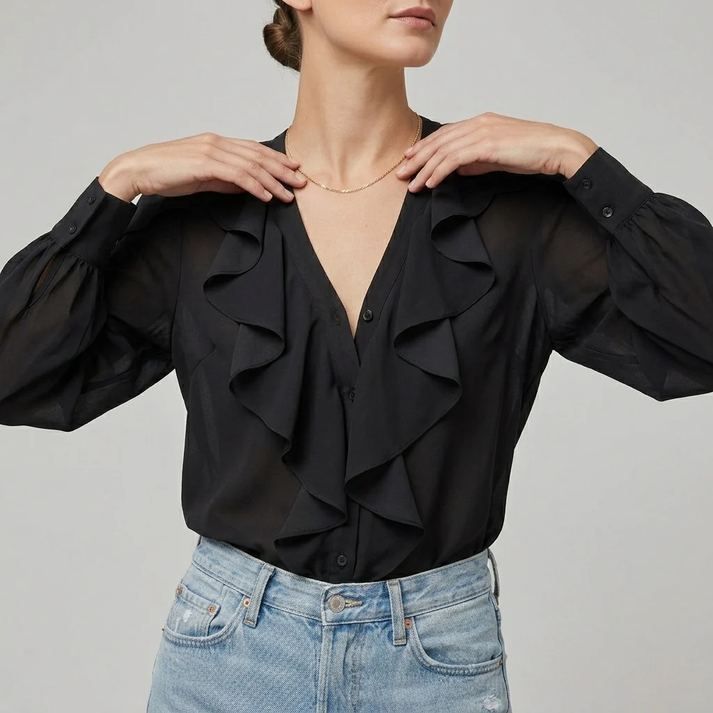 Beatrice Ruffled V-Neck Blouse | Relaxed Fit Long Sleeve Blouse - Image 6