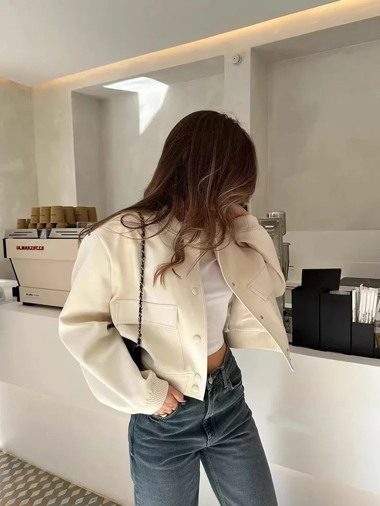 Clara  Cropped Bomber Jacket | Snap Buttons Flap Pockets Bomber Jacket - Image 3