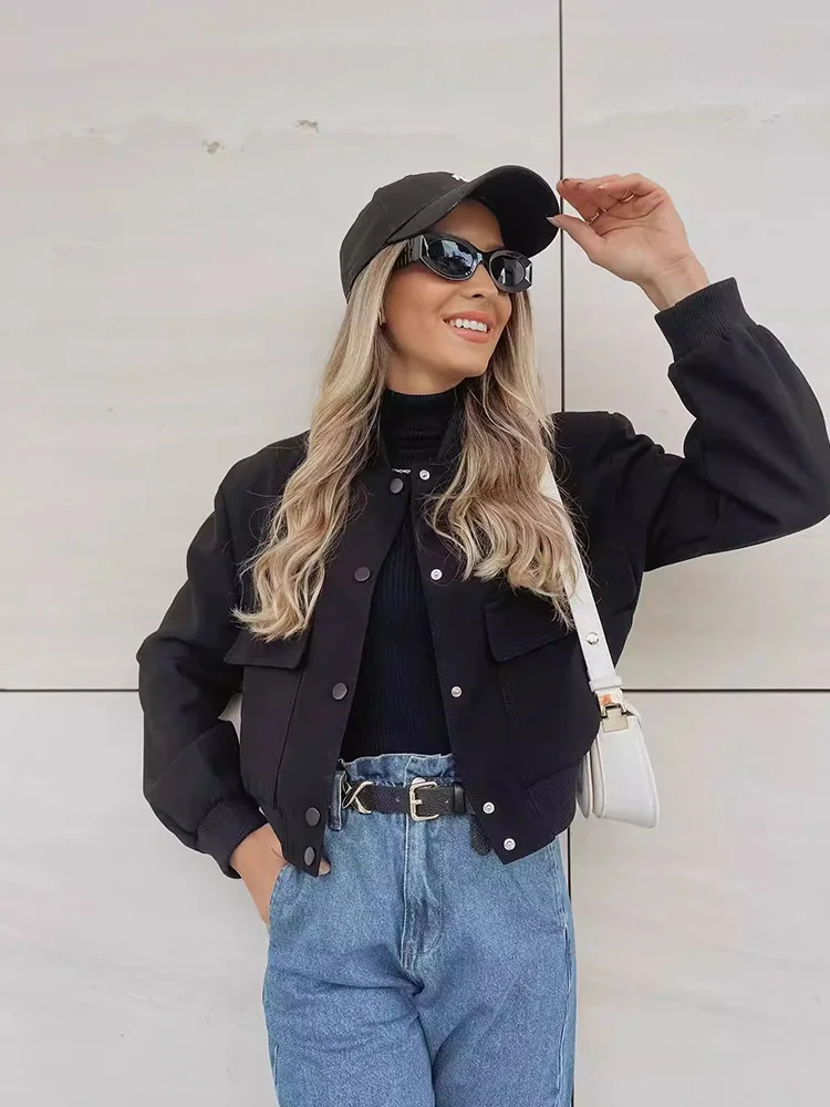 Clara  Cropped Bomber Jacket | Snap Buttons Flap Pockets Bomber Jacket - Image 5