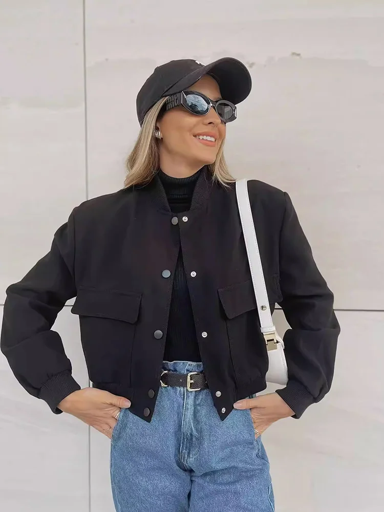 Clara  Cropped Bomber Jacket | Snap Buttons Flap Pockets Bomber Jacket - Image 6