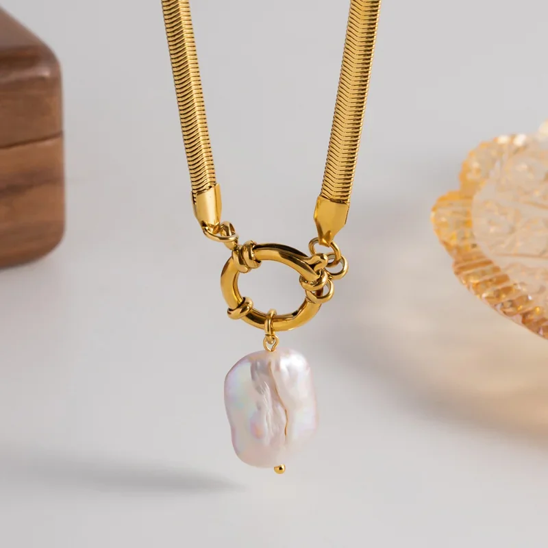 Daisy Choker Pendant Necklace | Baroque Pearl Snake Chain Necklace - Image 5