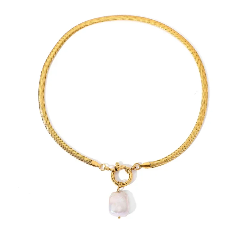 Daisy Choker Pendant Necklace | Baroque Pearl Snake Chain Necklace - Image 6